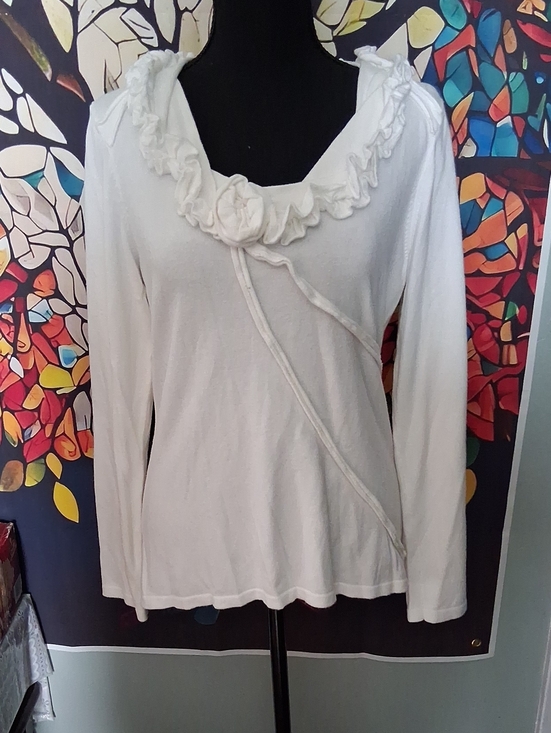 Tribal Sweaters - Tribal White Long Sleeve Ruffle-Trim Top